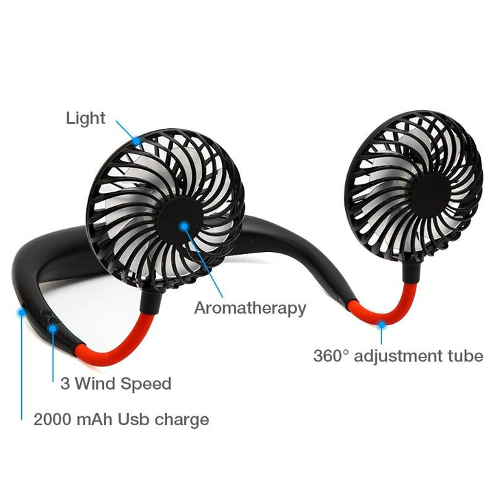 Person trägt tragbaren USB-Nackenventilator beim Spaziergang. Sofortige Abkühlung im Sommer gegen Hitze.