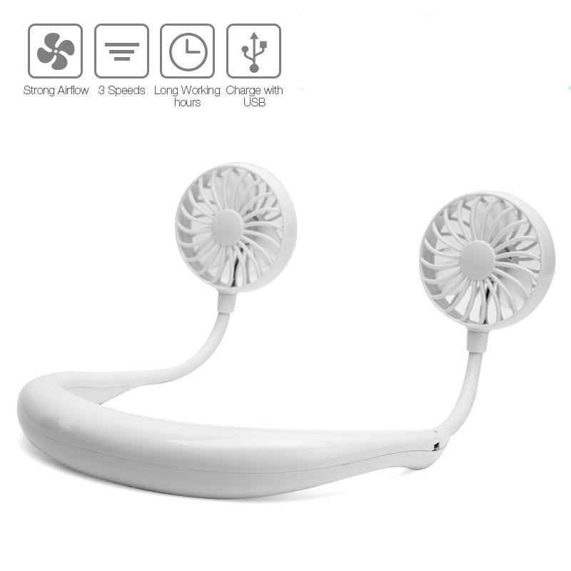 Detailansicht des modernen, leisen Nackenventilators. Aufladbarer Freihand-Ventilator für angenehme Abkühlung.