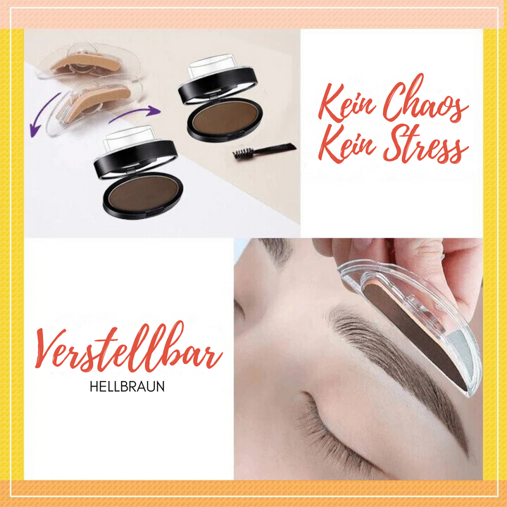 Nahaufnahme des Augenbrauen-Stempel-Kits mit Formen und Puder für präzises Make-up.