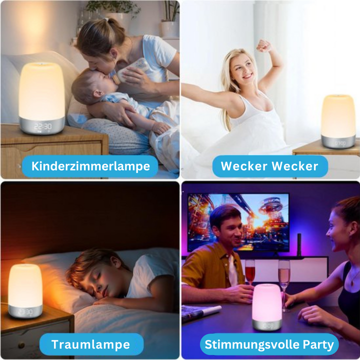 Modernes Aurora Aufwachlicht, kompatibel mit Smarthome Systemen; personalisierbare Morgenroutine mit Licht & Sound.