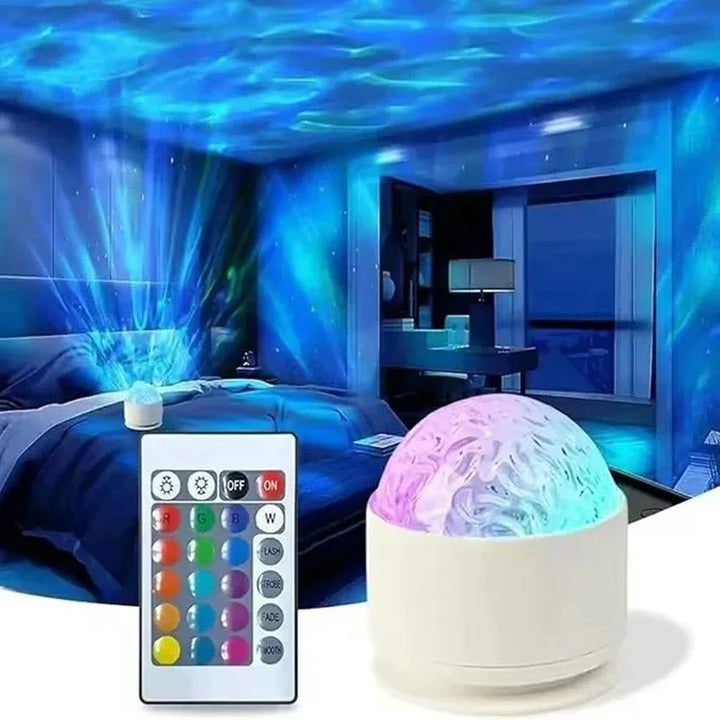 Aurora Polarlicht Projektor projiziert farbenfrohes Himmelslicht für entspanntes Stimmungslicht im Schlafzimmer.