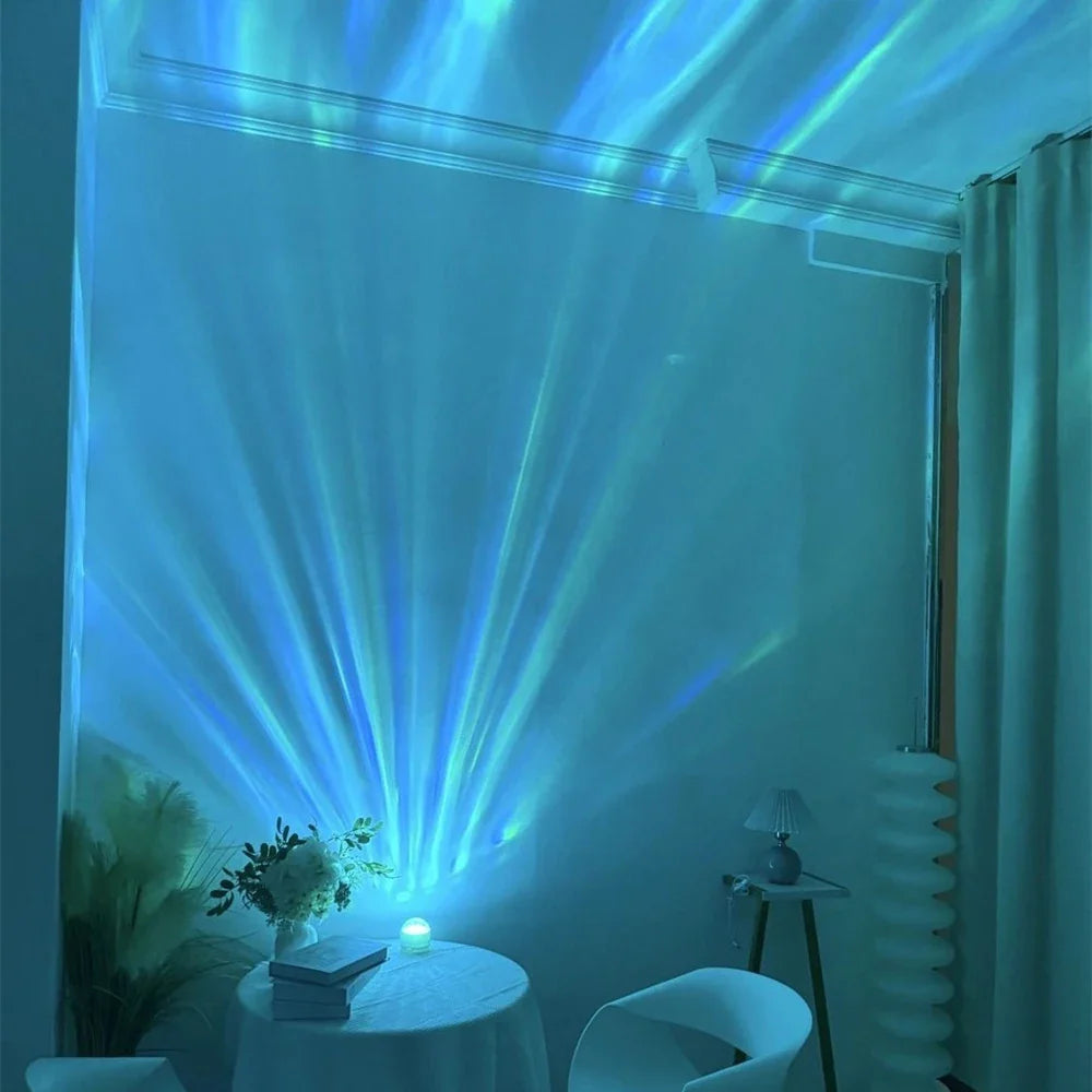 Hochwertiger Aurora Projektor mit einstellbaren Farben und Helligkeit, schafft magisches Ambiente im Schlafzimmer.