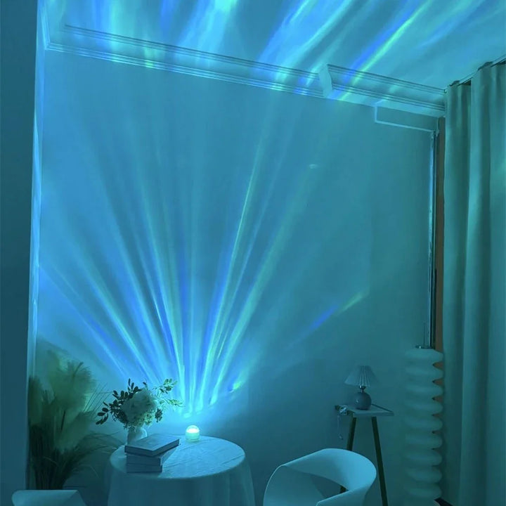 Hochwertiger Aurora Projektor mit einstellbaren Farben und Helligkeit, schafft magisches Ambiente im Schlafzimmer.