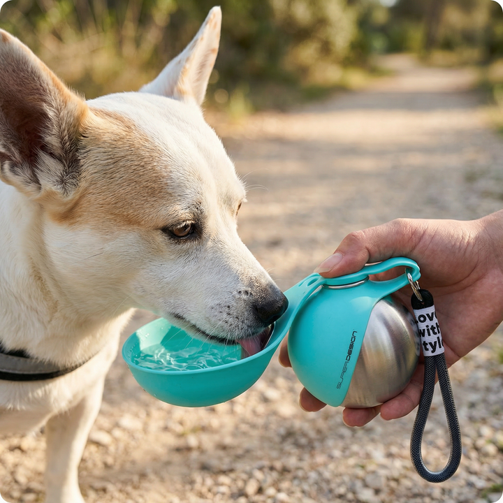 Auslaufsichere 2-in-1 Hunde-Reiseflasche mit integriertem Trinknapf für unterwegs und Gassi.