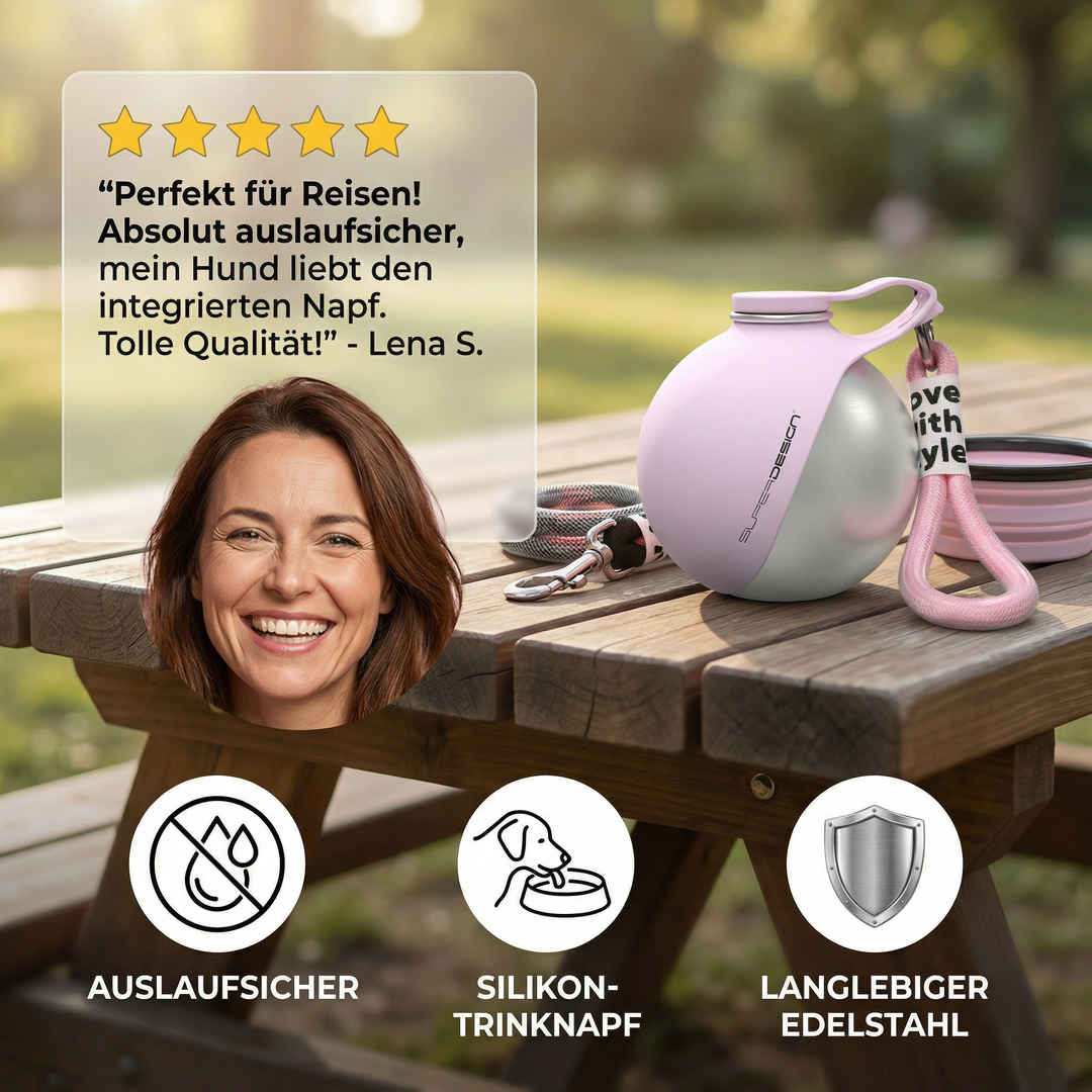 Portable Hunde-Reiseflasche mit Trinknapf, ideal für Gassi, Wanderungen und Outdoor-Abenteuer.