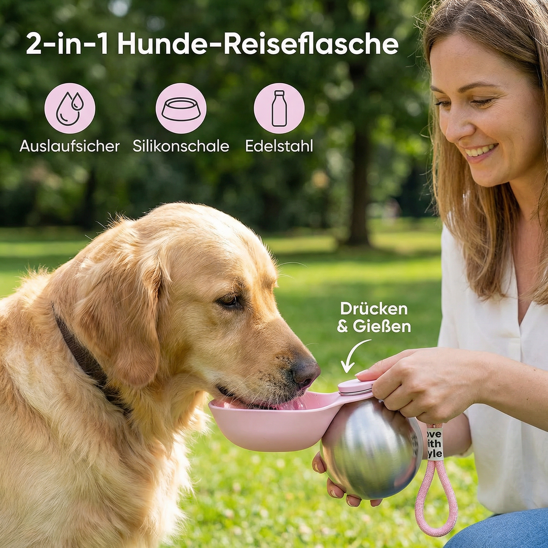 Robuste, auslaufsichere Edelstahl-Hundetrinkflasche mit integriertem Napf für sauberes Trinkwasser.