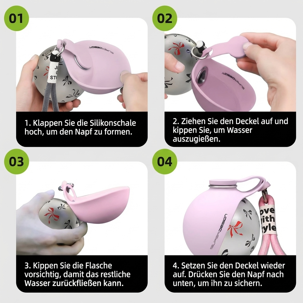 Praktisches 2-in-1 Trinksystem: Hunde-Wasserflasche mit abnehmbarem Napf. Perfekt für Welpen und Outdoor.