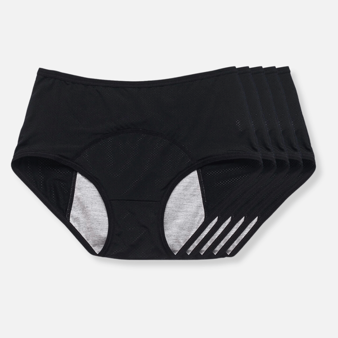 Schwarze auslaufsichere Damenunterhose, ideal bei Periode & leichter Inkontinenz. Maximale Sicherheit.