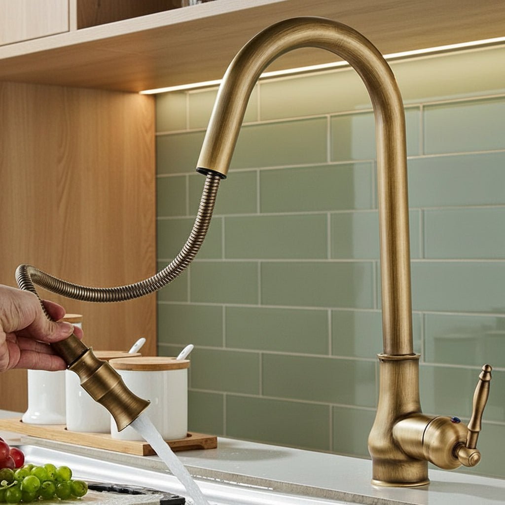 Ausziehbare Küchenarmatur in Antikbronze-Schwarz, Einhebelmischer für moderne Küche, flexibler Wasserhahn Spüle.