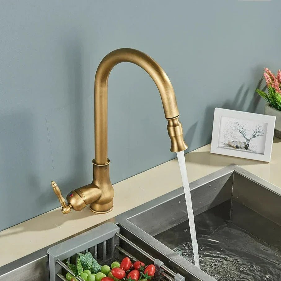 Elegante Küchenarmatur aus Messing in Antikbronze & Schwarz, flexibler Wasserhahn für klassische Küchenspülen.