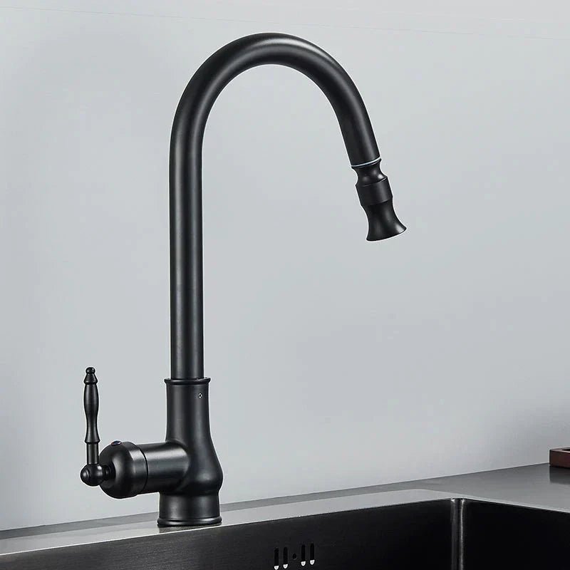 Detaillierte Ansicht der ausziehbaren Küchenarmatur mit Antikbronze-Finish und eleganten Schwarz-Akzenten.