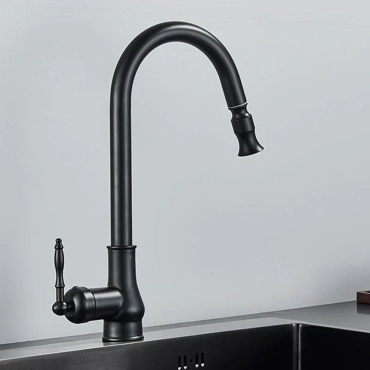 Detaillierte Ansicht der ausziehbaren Küchenarmatur mit Antikbronze-Finish und eleganten Schwarz-Akzenten.