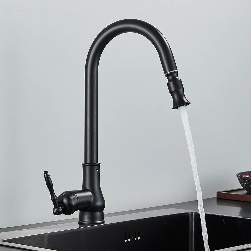 Moderner ausziehbarer Wasserhahn mit flexiblem Sprühkopf in Antikbronze-Schwarz, ideal für jede Küchenspüle.