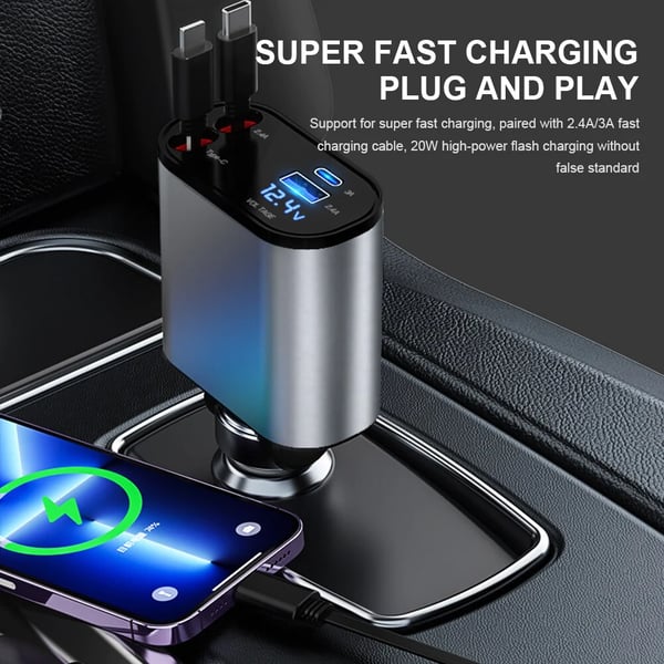 Ausziehbarer KFZ-Schnelllader, kabelsalatfrei. Universelles Handy-Ladegerät für Auto und Reisen.