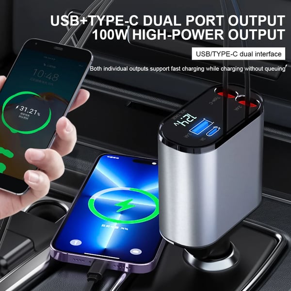 Universeller Auto-Schnelllader mit ausziehbaren Kabeln. Kompaktes KFZ-Ladegerät für Smartphone und Tablet.