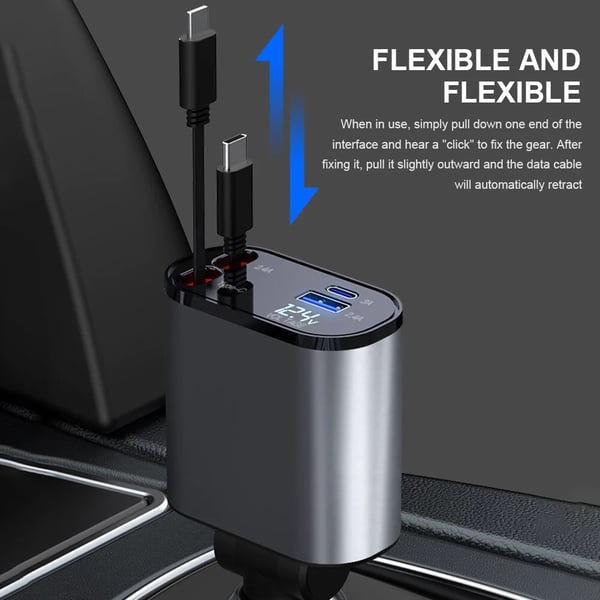Ausziehbarer Auto-Schnelllader für USB-C und iPhone. Zuverlässiges Handy-Ladegerät und Autozubehör.