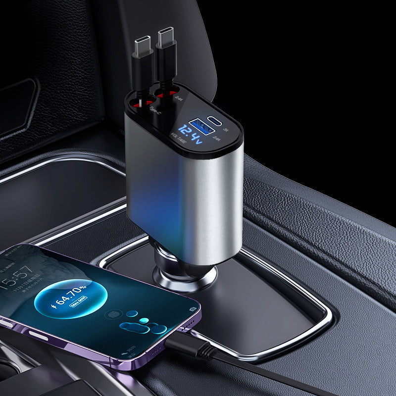 Kompaktes Design: Ausziehbarer Auto-Schnelllader. Kabelsalatfrei, universelles KFZ-Ladekabel für Reisen.