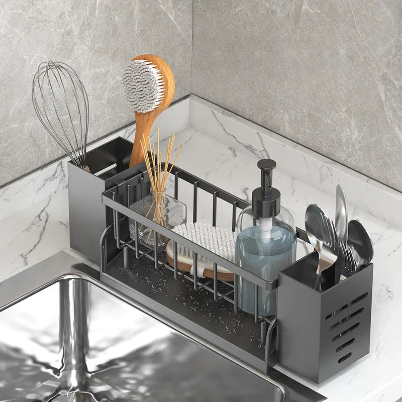 Hygienischer Spülbecken Organizer mit Drainage, ideal für Schwämme, Bürsten und Spültücher; hält Ordnung.