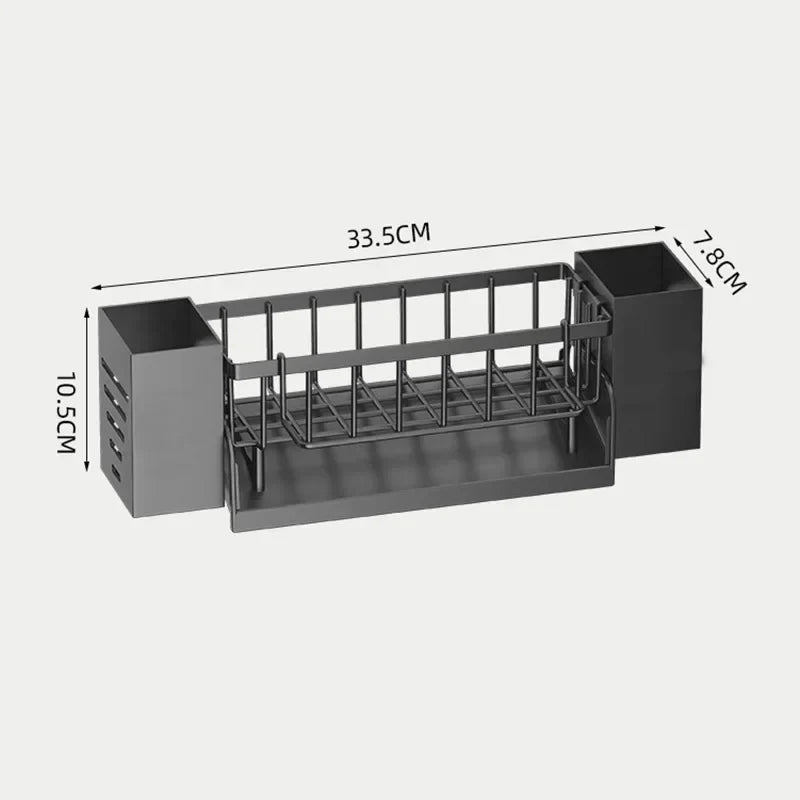 Multifunktionaler Spülbecken Organizer mit Schwammhalter, Seifenablage und Lappenstange; für mehr Hygiene in der Küche.