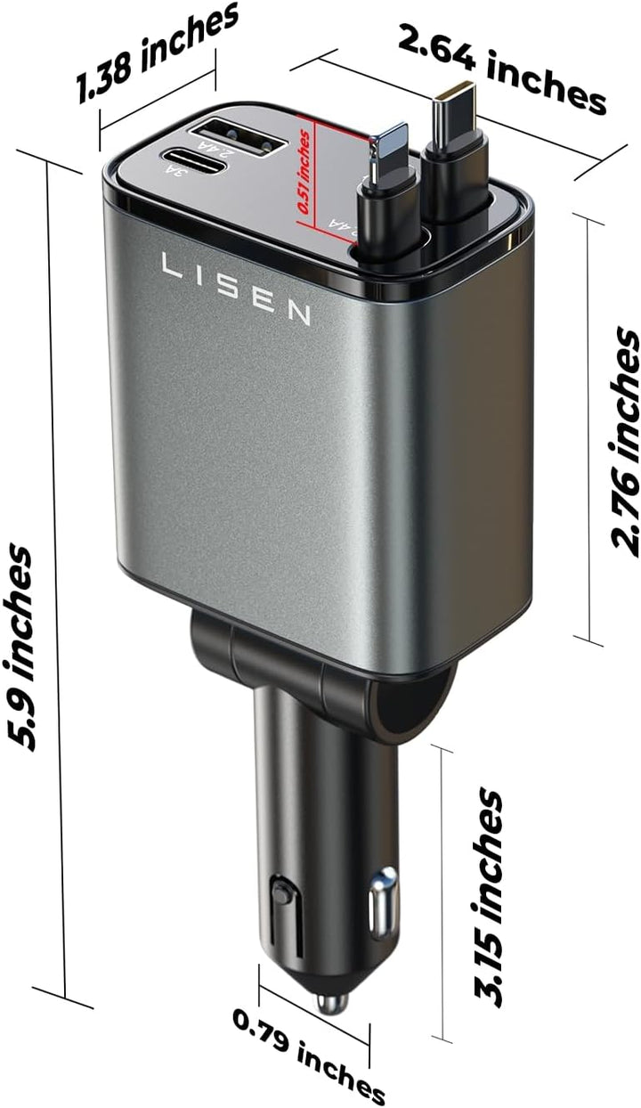 Hochwertiges 69W Autoladegerät mit langlebigem ausziehbarem USB C Kabel.