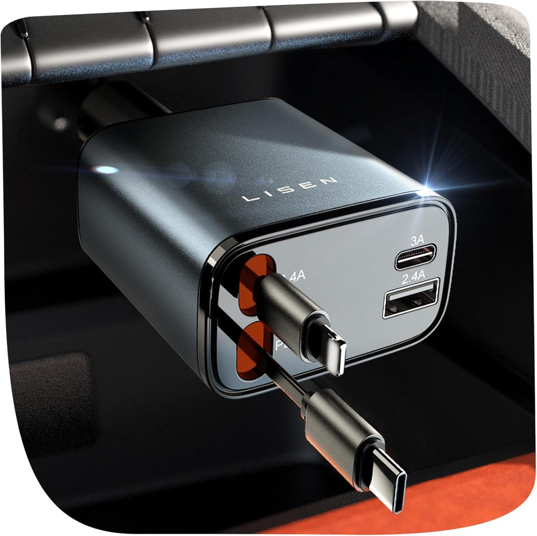 Praktisches KFZ Zubehör: 69W USB C Lader mit ausziehbarem Kabel für 12V/24V Anschlüsse.