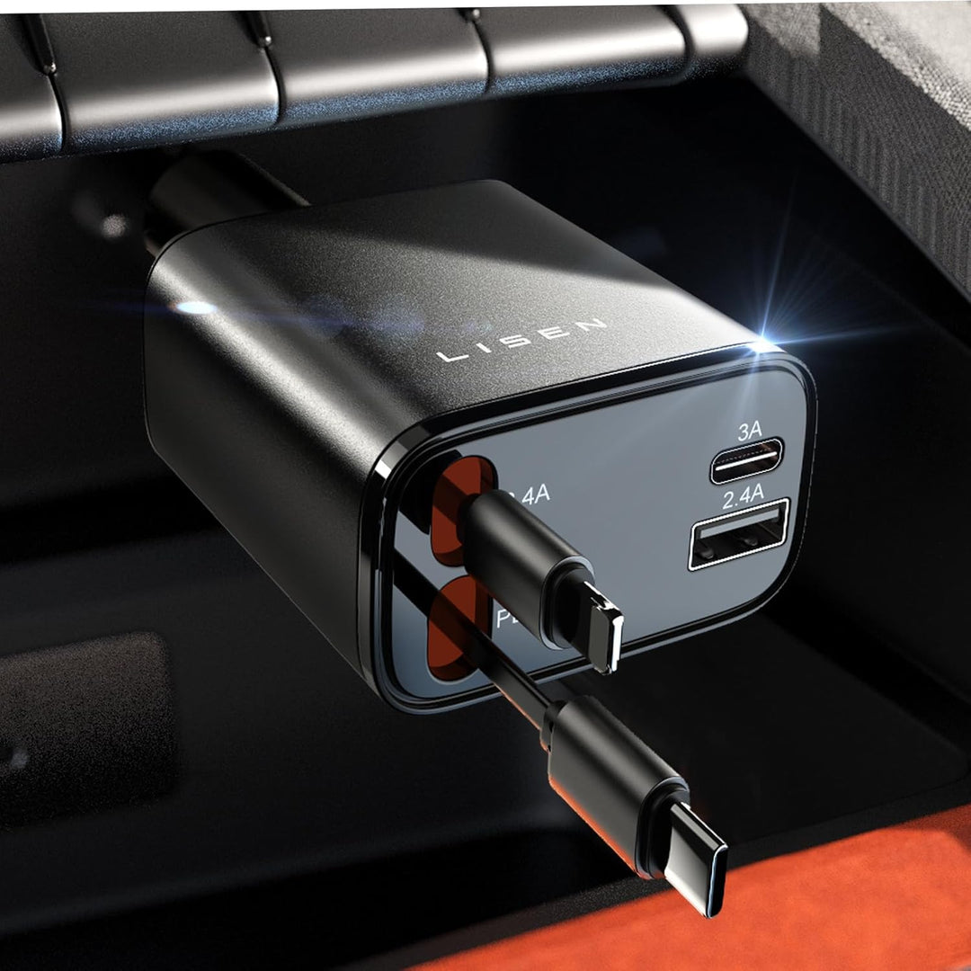 USB C Autoladegerät mit 69W Leistung und ausziehbarem Kabel für moderne Smartphones.