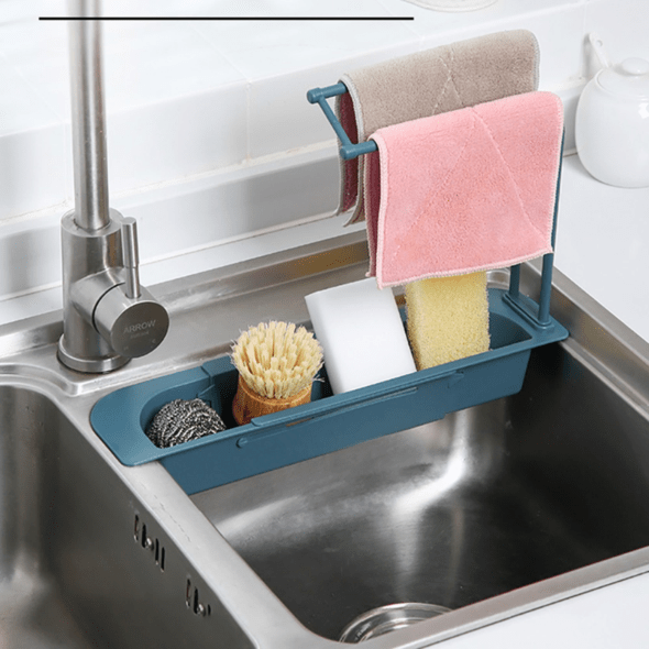 Erweiterbares Spülbecken-Regal aus PP für hygienische Trocknung von Schwamm & Geschirrtuch in der Küche.