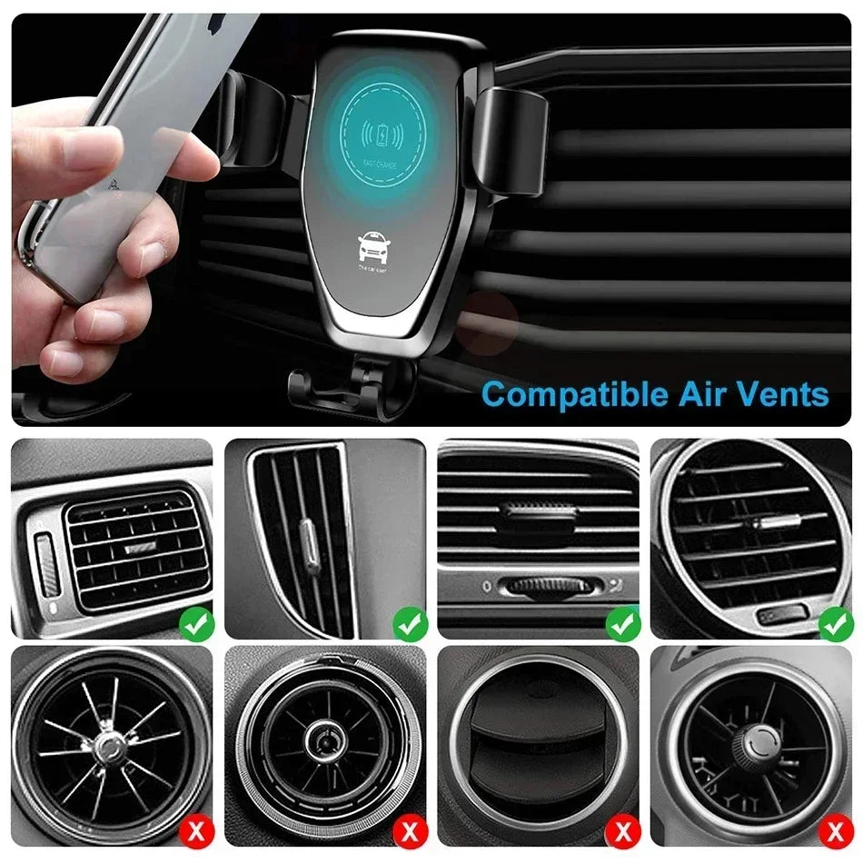 Einfach zu installierende 30W Qi Auto Handyhalterung für Lüftungsschlitz. Wireless Schnelllader.