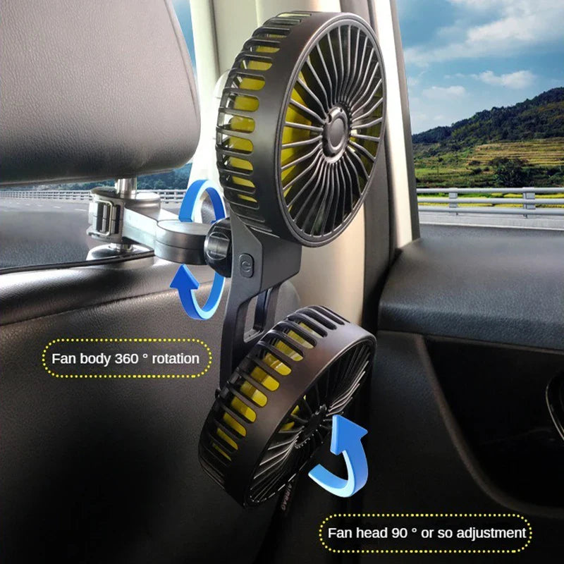 Auto-Kühlventilator für Rücksitz & Kopfstütze, 360° drehbar. USB-Betrieb für kühlen Komfort im Auto.