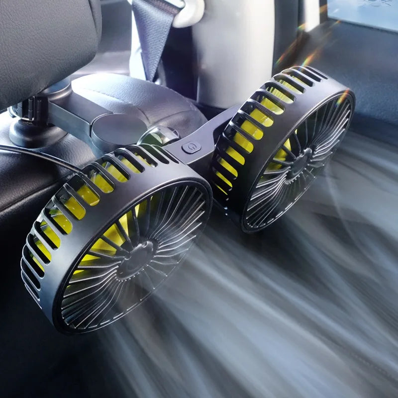 Kompakter Auto-Kühlventilator, an Kopfstütze befestigt, sorgt für erfrischende Brise im Fond. Must-have Autozubehör.