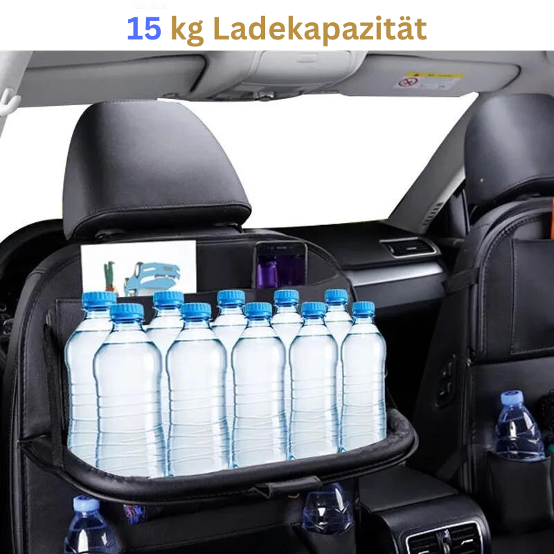 Praktischer Rücksitz-Organizer mit stabilem Klapptisch zum Essen, Arbeiten oder Spielen im Auto.