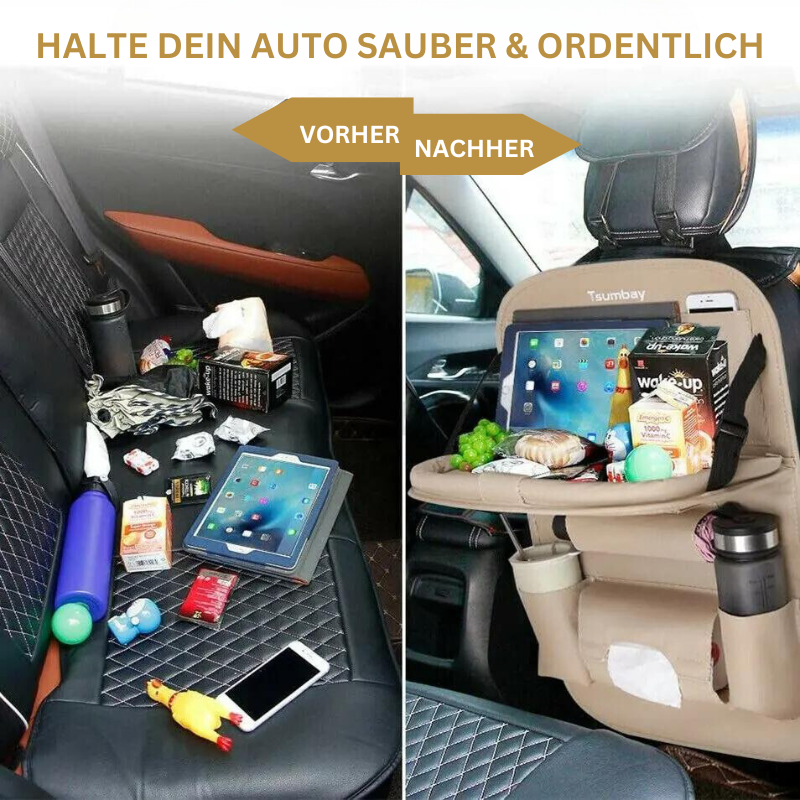 Vielseitiger Auto-Organizer für den Rücksitz mit mehreren Fächern für Flaschen, Snacks & Reiseutensilien.