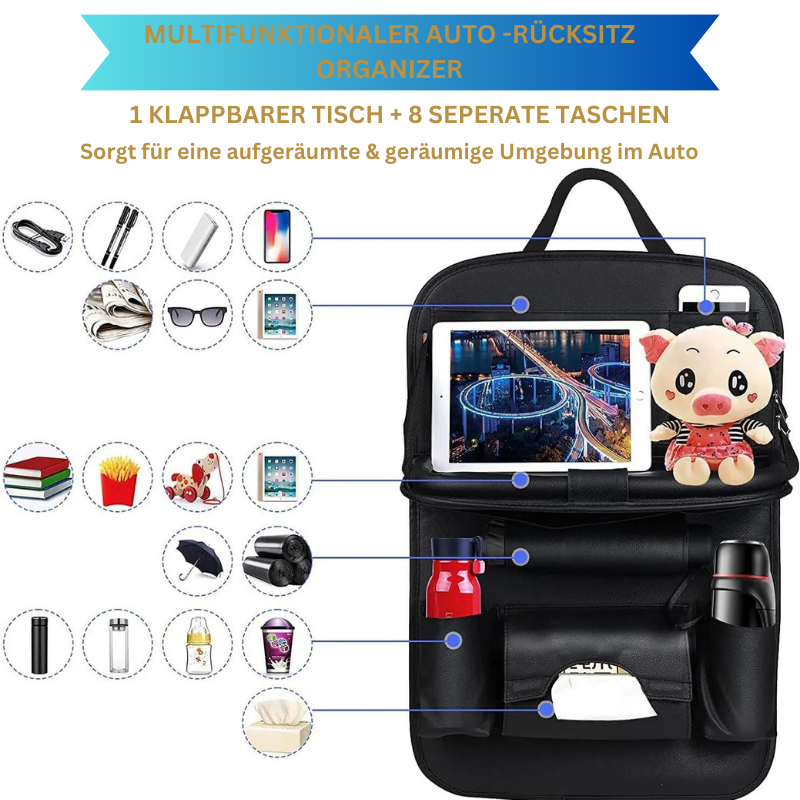 Robuster Auto-Rücksitz-Organizer aus strapazierfähigem Material mit Klapptisch für sauberen Autoinnenraum.