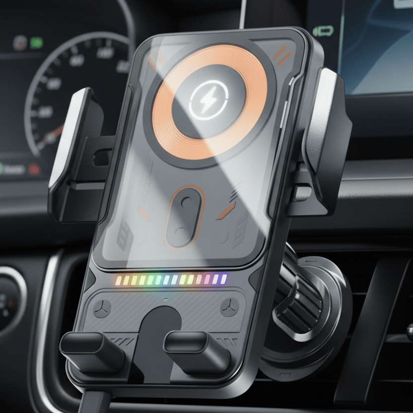 Automatische Handy-Autohalterung mit kabelloser 15W Ladefunktion, für sicheren Halt und schnelles Laden im Auto.