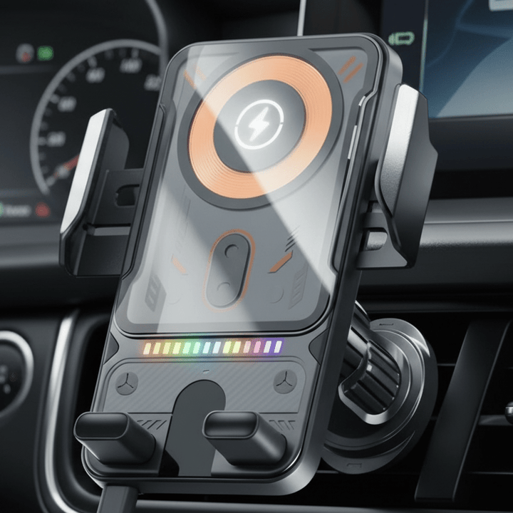 Automatische Handy-Autohalterung mit kabelloser 15W Ladefunktion, für sicheren Halt und schnelles Laden im Auto.