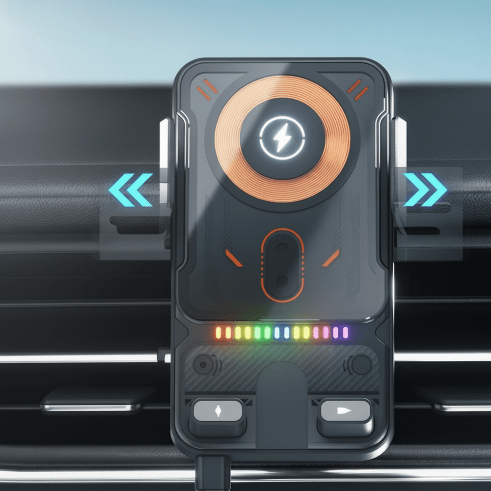 KFZ-Halterung mit 15W Wireless Charger für Smartphones; schnelles, kabelloses Laden im Auto während der Fahrt.