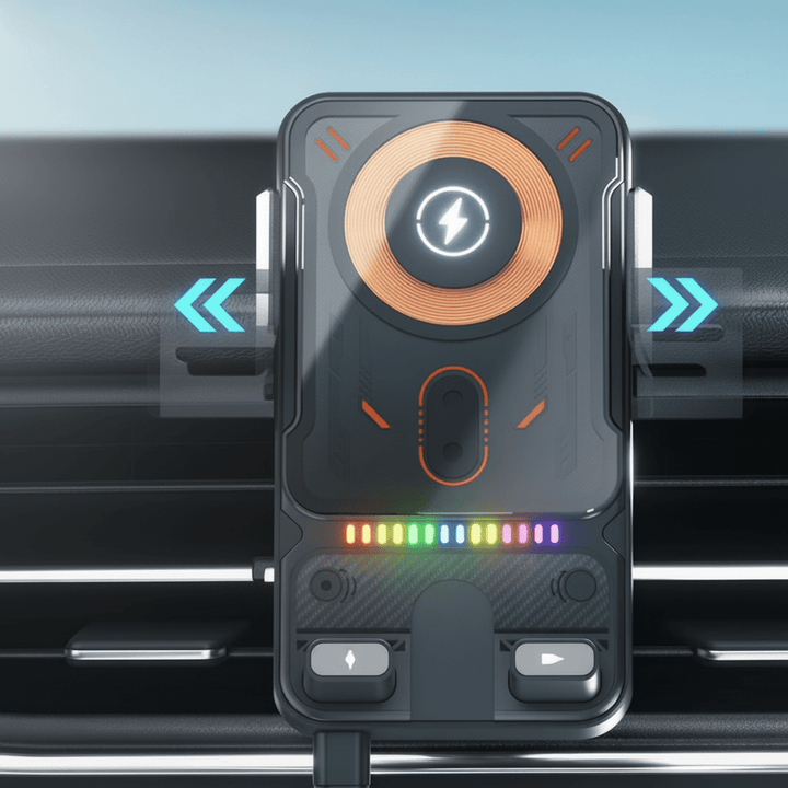 KFZ-Halterung mit 15W Wireless Charger für Smartphones; schnelles, kabelloses Laden im Auto während der Fahrt.