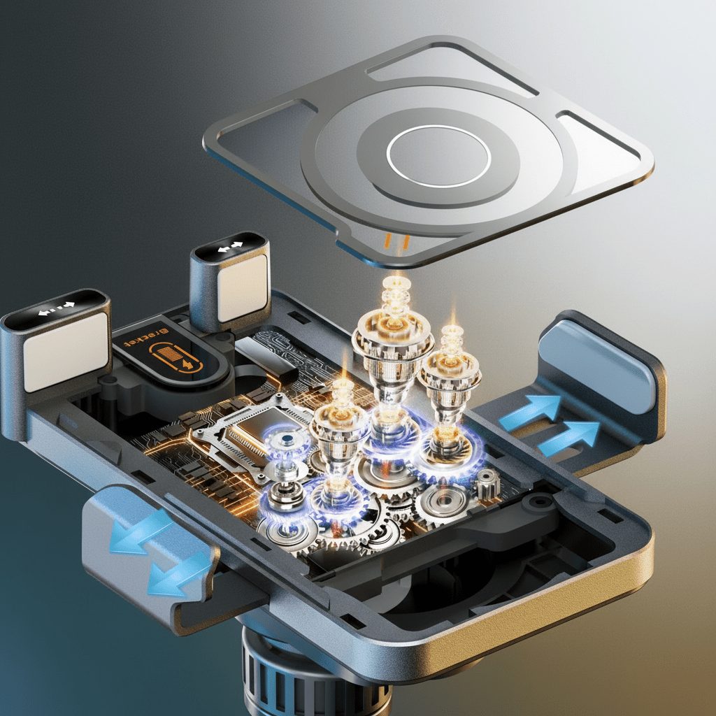 Automatische Smartphone-Halterung mit integriertem kabellosem Ladegerät; einfaches Einsetzen und sicherer Halt.