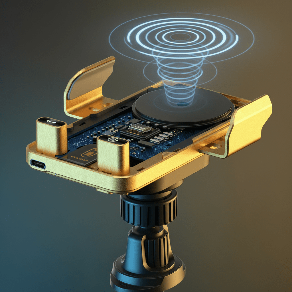 Drehbare KFZ-Halterung für Smartphones mit 15W Wireless Charging; flexible Ansicht und optimale Positionierung.