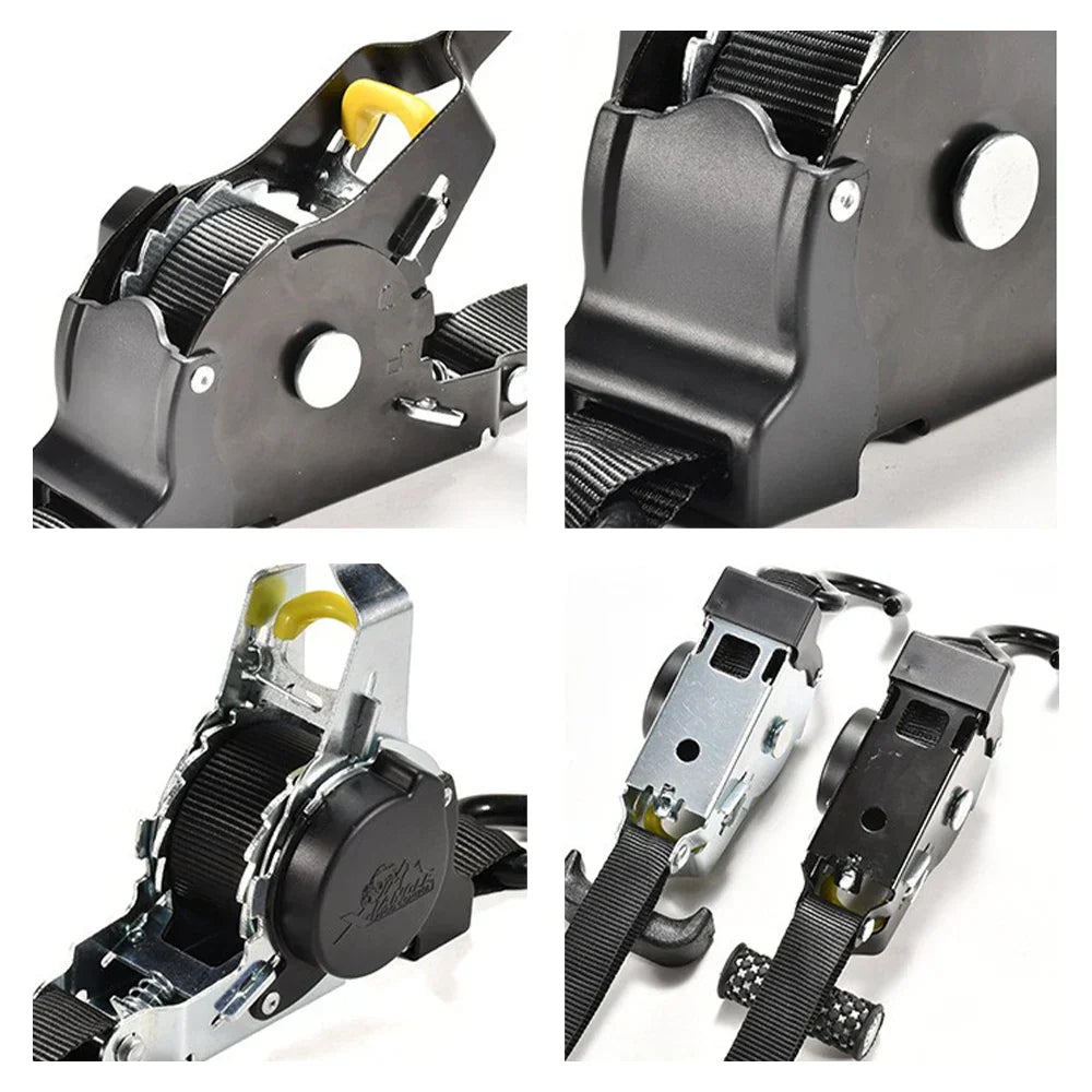 Set universeller automatischer Ratschengurte als Fahrzeugzubehör. Stabile Zurrgurte für schwere Lasten.