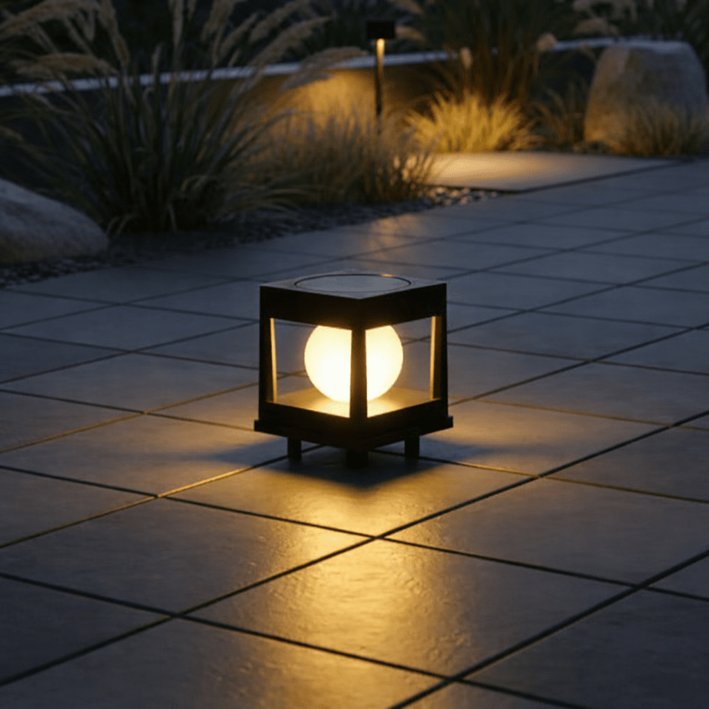 Nahaufnahme der Solar-Gartenleuchte: Solarpanel & LED-Licht für effiziente, automatische Wege- & Terrassenbeleuchtung.