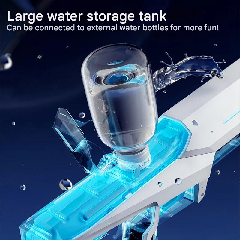 Detailaufnahme der blauen automatischen Kinder-Wasserpistole mit 10m Reichweite, für actionreichen Wasserspaß.