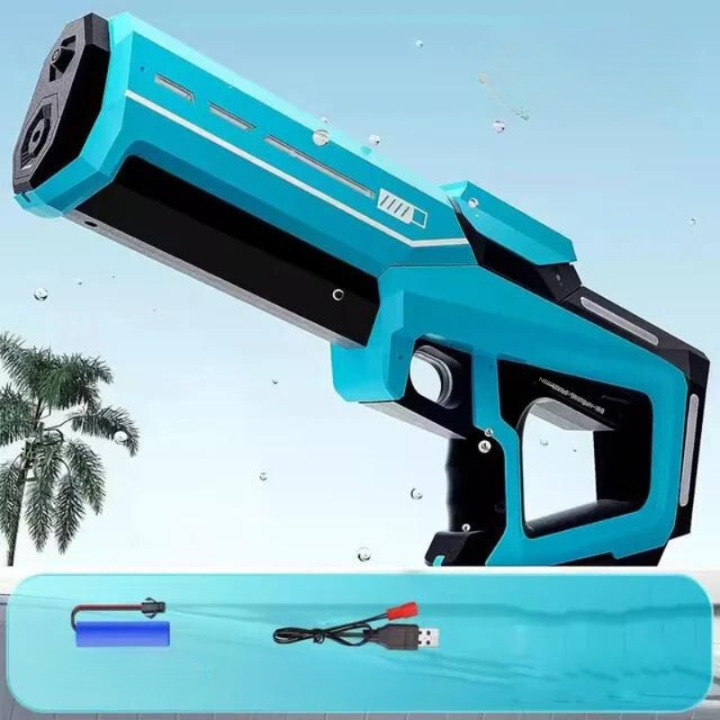 Automatische Wasserpistole für Kinder, mit wiederaufladbarem Akku, 1L Wassertank und 10m Schussweite.