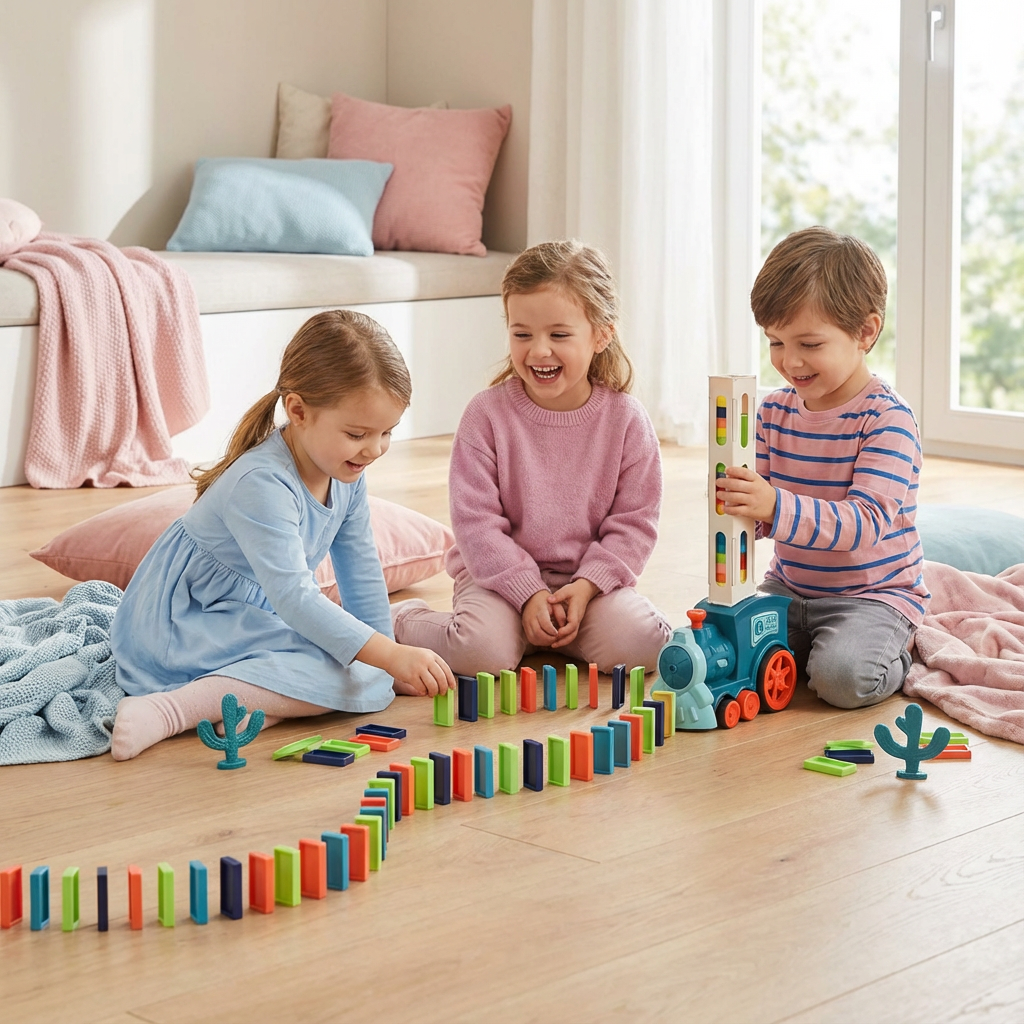 Automatischer Domino-Zug legt bunte Dominosteine in einer Reihe ab; kreatives Kinderspielzeug für Feinmotorik.