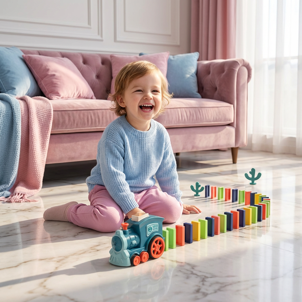 Detaillierter, automatischer Domino-Zug in leuchtenden Farben; innovatives Baustein-Spielzeug für kreativen Spaß.