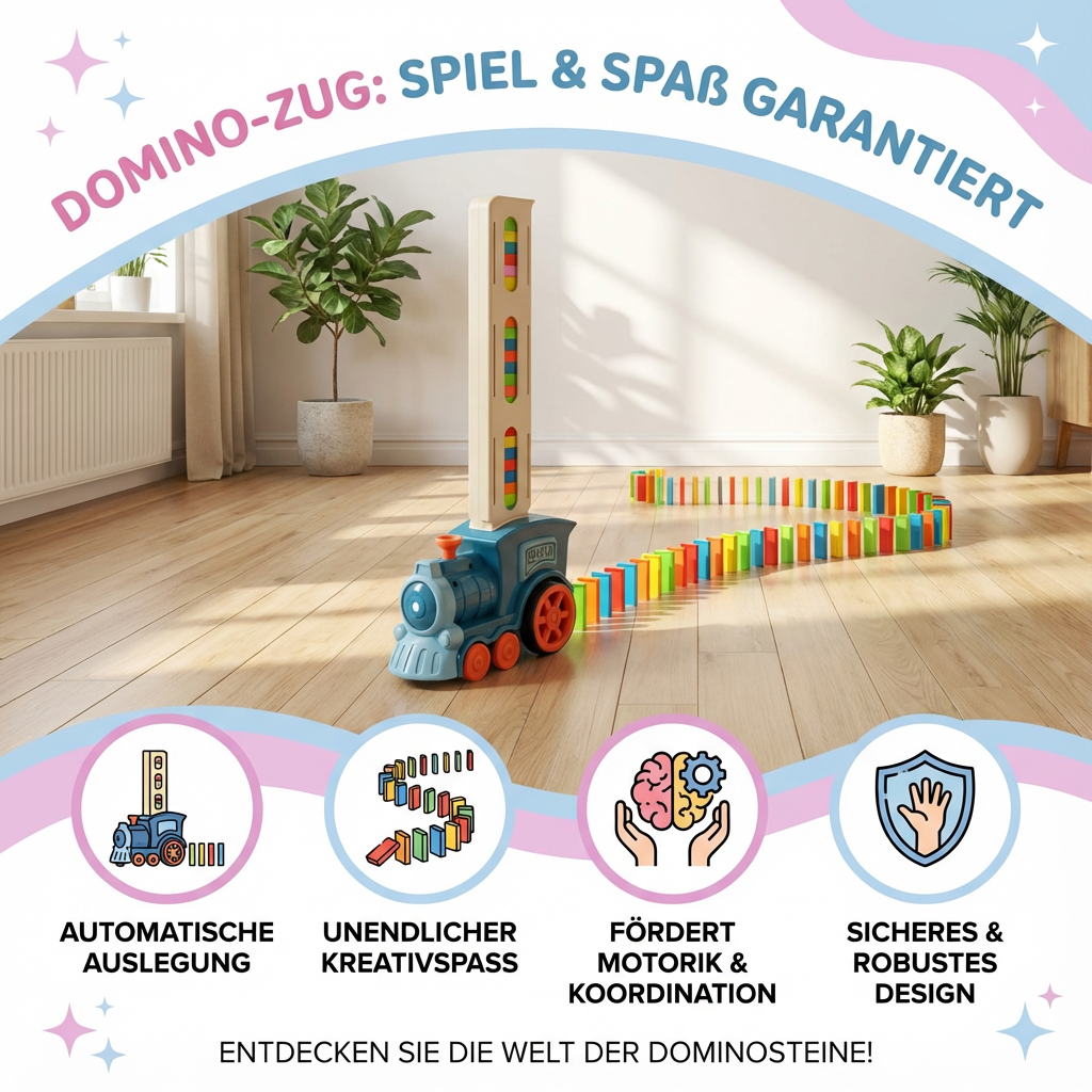 Farbige Dominosteine fallen im Ketteneffekt, aufgestellt vom automatischen Domino-Zug; Lernspielzeug Spaß.