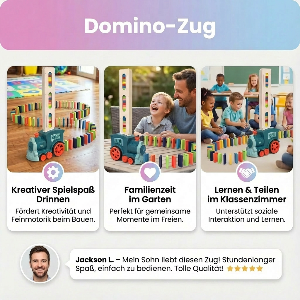 Kind spielt konzentriert mit dem Domino-Zug Set, fördert Feinmotorik und Kreativität beim Bauen.