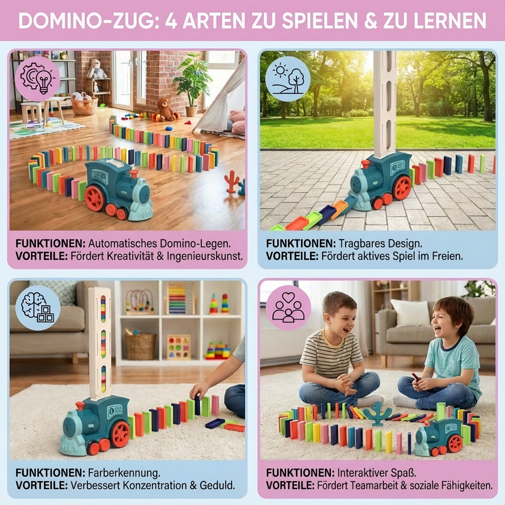 Komplettes Set: Automatischer Domino-Zug, bunte Dominosteine & Zubehör für endlosen Familienspiel-Spaß.