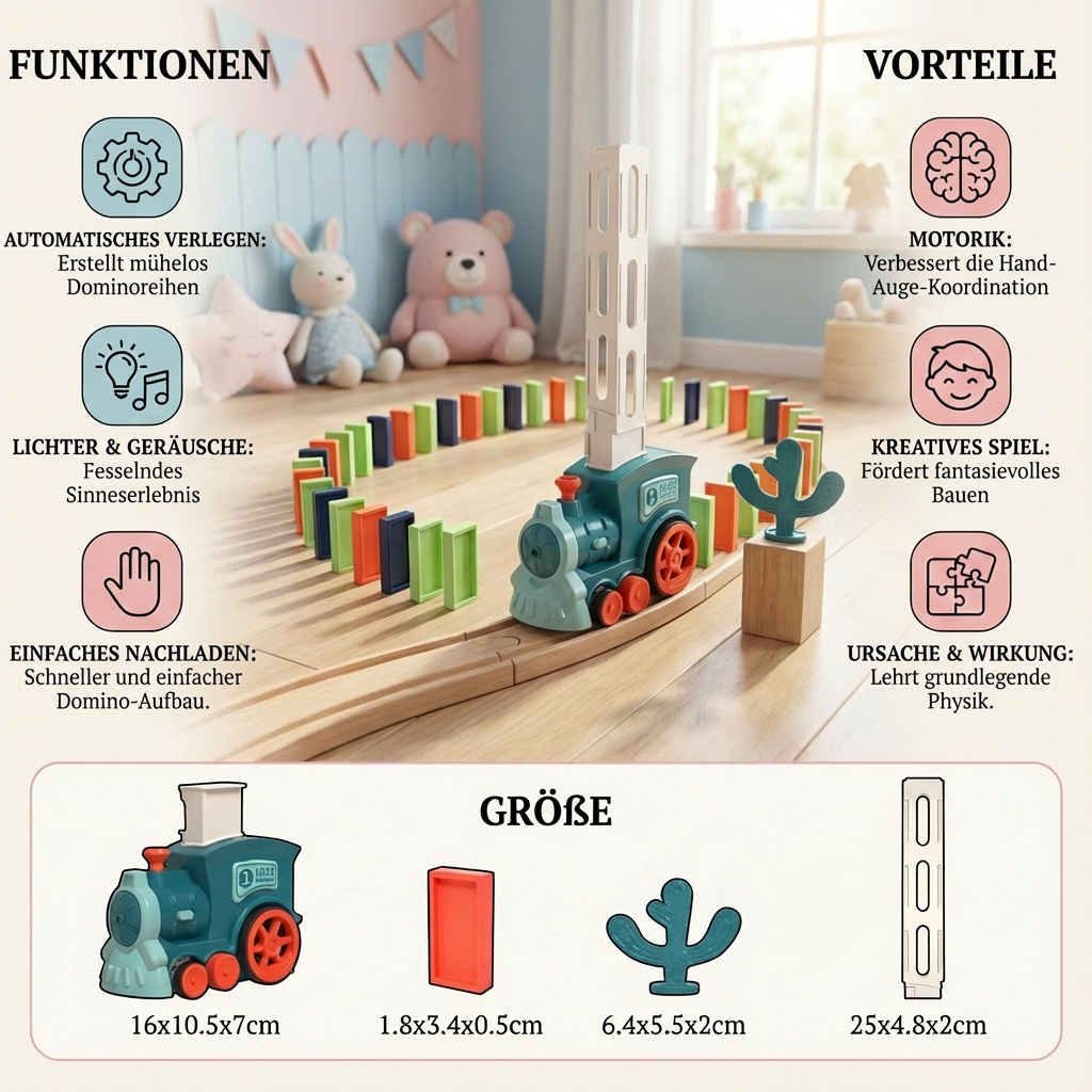Kreativ aufgebaute Dominostrecke mit dem automatischen Domino-Zug; fördert logisches Denken und Bauspiel.