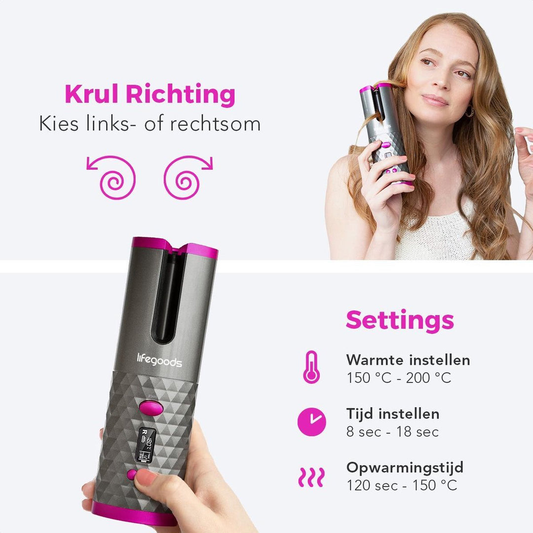 Grauer automatischer Lockenstab für professionelles Hairstyling und seidige Wellen.